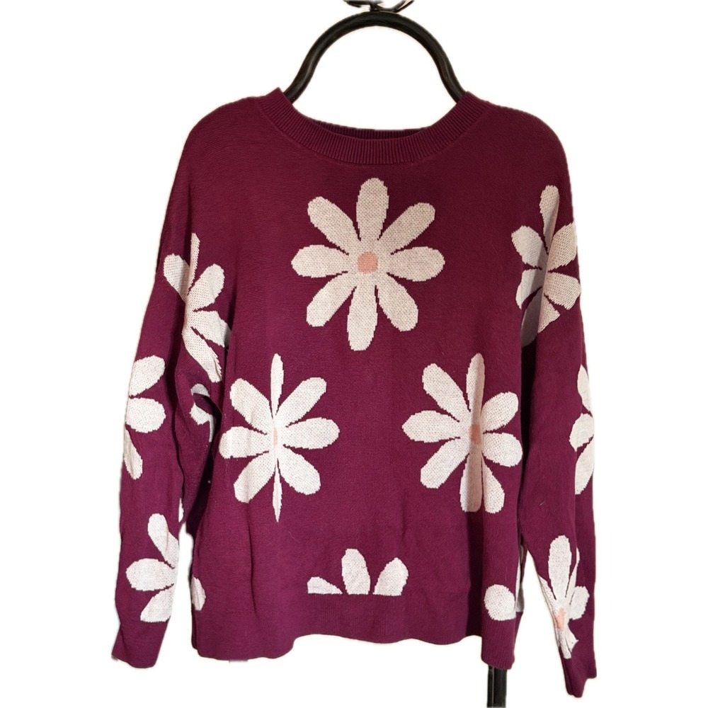 Torrid Womens Plus Size 00 Burgundy White Daisy Floral Crewneck Knit Sweater